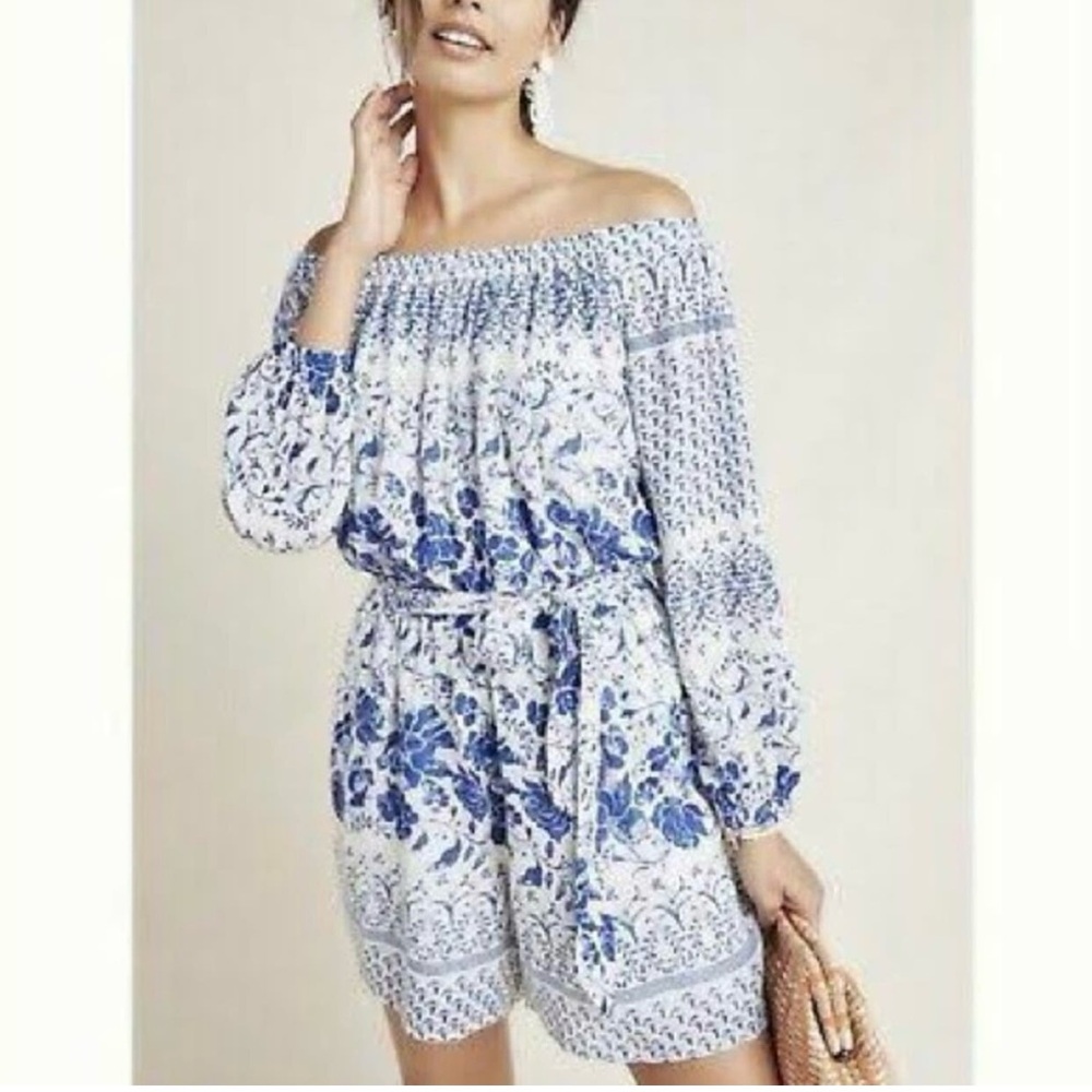 By Anthropologie Clemente blue floral off shoulder short romper size XS
